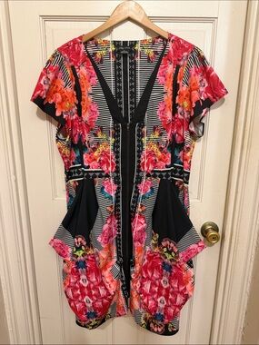 City Chic Floral Zip-Front Tunic Dress - Black, Pink & Coral